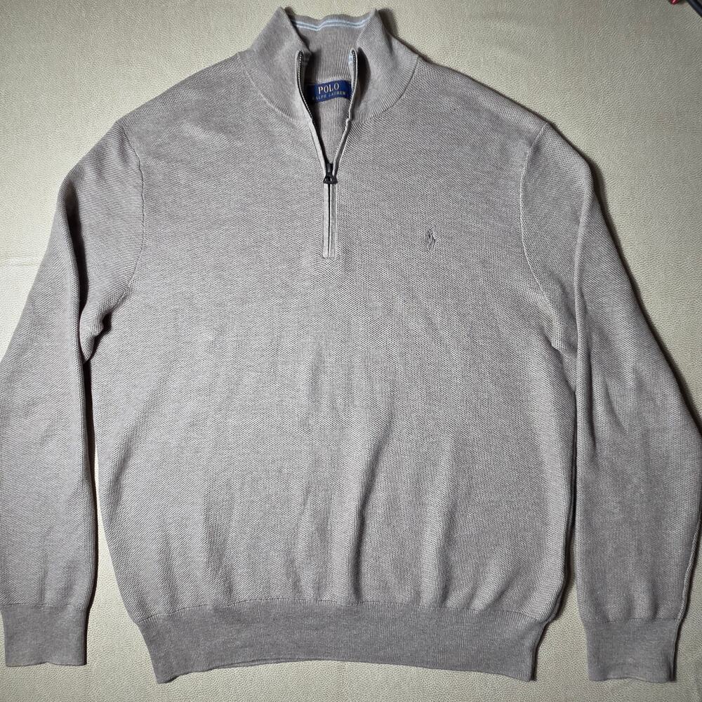 Polo Ralph Lauren Mesh Knit Cotton Quarter Zip Sweater Oatmeal Beige Mens XL